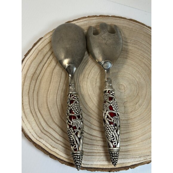 VTG Godinger Silver Filigree Grape Handle Ruby Red Insert Serving Set Spoon Fork - Picture 3 of 4